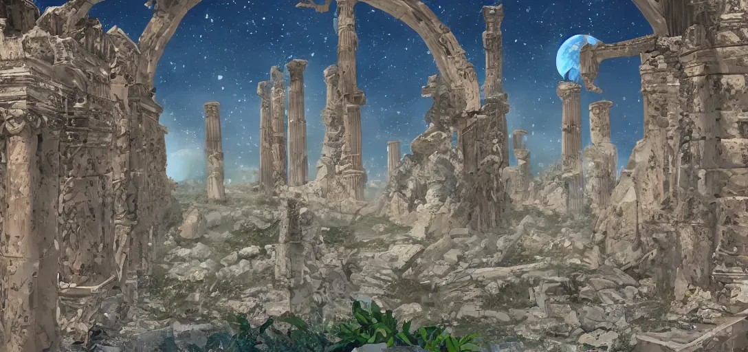 Image similar to The ruins of the Silver Millennium on the moon from Sailor Moon, digital painting, Earth in the distance, Greek-esque columns and ruins