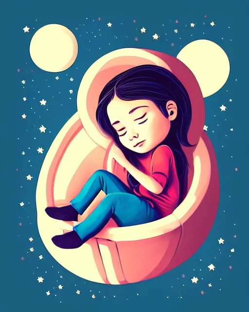 Prompt: beautiful painting of little girl sleeping on her flying bed, art by petros afshar, sky night, illustration, highly detailed, simple, smooth and clean vector curves, no jagged lines, vector art, smooth, artstation