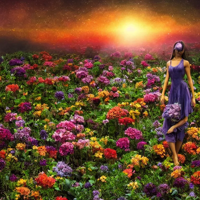 Image similar to a planet of various flowers, fungus and plants, in which the human figure is dressed in something magical and impressive, inside the picture is infinity, sunset light, Atmospheric phenomenon, artistic photography, muted colors, conceptual, long exposure outside the city, volumetric light