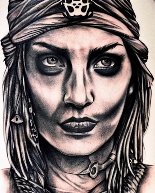 Prompt: A beautiful pirate boat next to the face of a warrior woman , realism tattoo drawing, hyper realistic, shaded