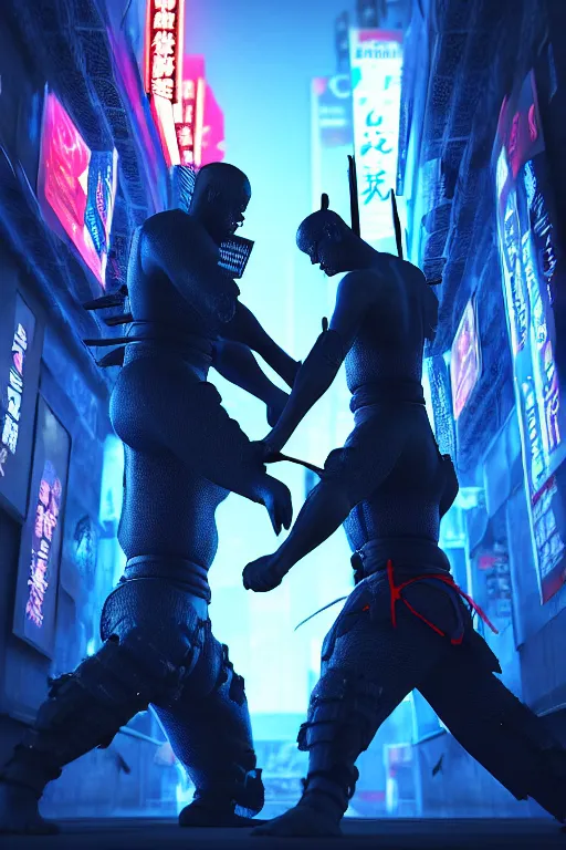 Prompt: high quality 3 d render sci - fi! samurai hybrid fighting, highly detailed, unreal engine cinematic smooth, in the style of blade runner, hannah yata charlie immer, dark blue neon light, low angle, uhd 8 k, sharp focus