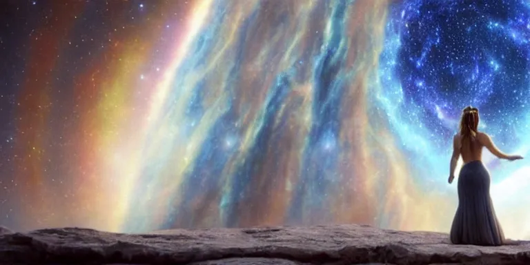 Prompt: film still of curvy natalie portman walking on an invisible bridge, similar to the bifrost, toward an endless abyss in space, wearing a white flowy bikini inspired by ancient roman clothing, beautiful astronomical background with galaxies and nebulas, lack of sunlight, darkness of space, focus on facial detail, 8 k resolution, cinematic lighting, anatomically correct, by christopher nolan