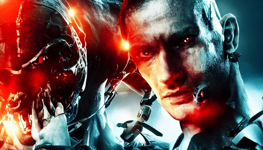 Image similar to Big budget movie about a cyborg demon ripping off a man's head