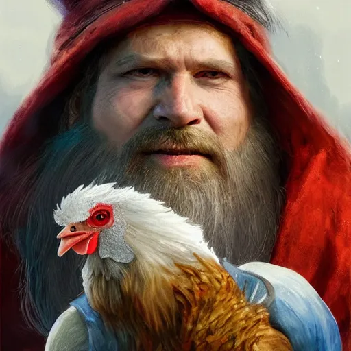 Image similar to a portrait of a wizard with his pet chicken by Johan Grenier, blue robe, long beard, ArtStation, realistic, detailed