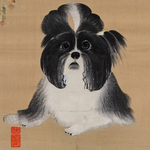 Prompt: portrait of a shih tzu dog as chinese empress, chinese painting 1 2 0 0