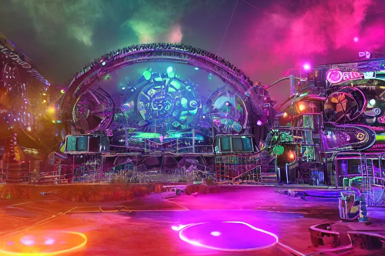 Image similar to an outdoor festival stage, text tripmachine, center of the stage is a big futuristic steampunk generator with gears and belts and tubes, surrounded by big cyberpunk speaker towers, rock musicians on the stage, laser show, 8 k, fluorescent colors, halluzinogenic, multicolored, exaggerated detailed, unreal engine