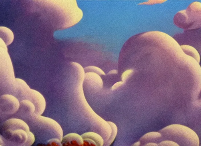 Prompt: soft pleasing - palette friendly colossal monster wind spirit goliath, close - up, pleasing palette, undulating nebulous clouds, adorable, friendly, dyllic cumulonimbus still from fantasia pastel from fantasia ( 1 9 4 1 )