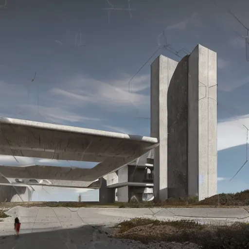 Image similar to sci fi utopian far future research facility exterior, brutalist architecture, grand scale