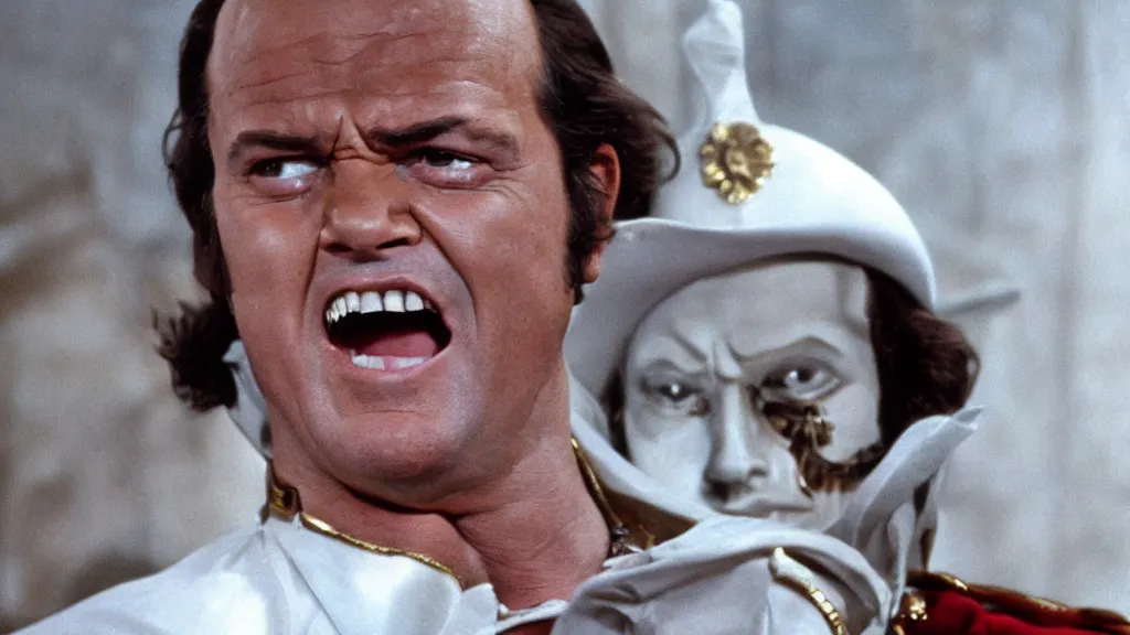 Prompt: jack nicholson starring as napoleon in a movie about napoleon, seventies cinema, vintage, cinematic lighting, ultra realistic, panavision, wide screen, vibrant color