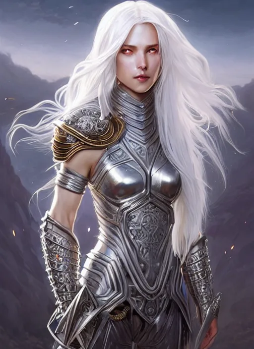 Image similar to light iridescent armor!!! long wild white hair!! covered chest!!! fantasy, d & d, intricate ornate details, digital painting, pretty face!!, symmetry, concept art, sharp focus, illustration, art by artgerm! greg rutkowski magali villeneuve wlop! ilya kuvshinov!!, octane render