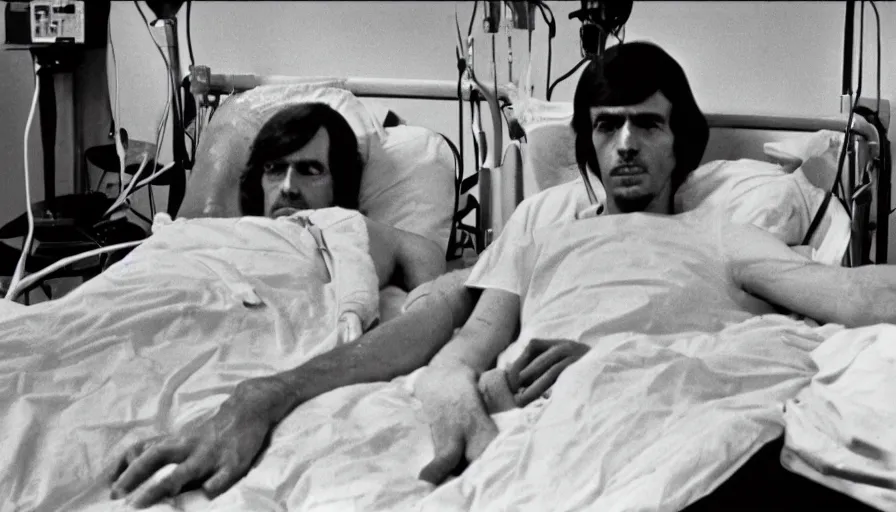 Prompt: 70s movie still of a ill skinny man in hospital, eastmancolor, heavy grain, high quality, higly detailed, liminal space