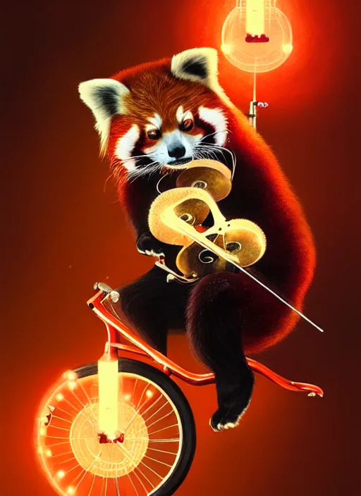 Image similar to portrait of a red panda riding a unicycle, playing a violin, intricate, elegant, glowing lights, highly detailed, digital painting, artstation, concept art, smooth, sharp focus, illustration, art by wlop, mars ravelo and greg rutkowski