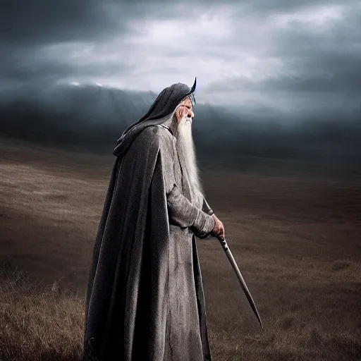 Prompt: landscape photo of the evil ian mckellen as gandalf in a dark hood walking soulessly through grasslands, highly detailed, cinematic shot, cinematic lighting, 8 k, exquisit facial detail, magical realism painting, chiaroscuro, dark painting.