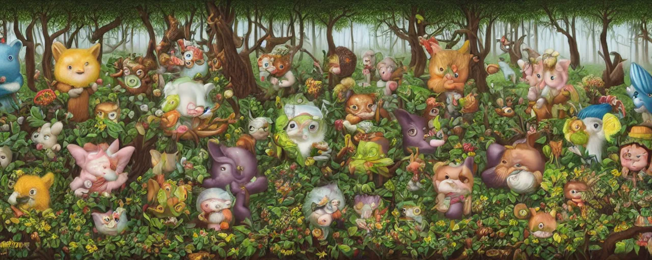 Prompt: fantasy world of forest little creatures by Mark Ryden and Alex Gross, Todd Schorr highly detailed