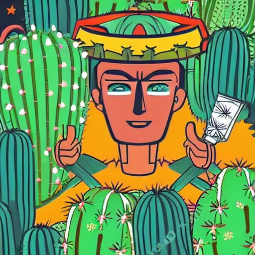 Prompt: single spartan in amazonian jungle surrounded by cactus with a shaman offering peyote with a camp fire on a full moon with stars