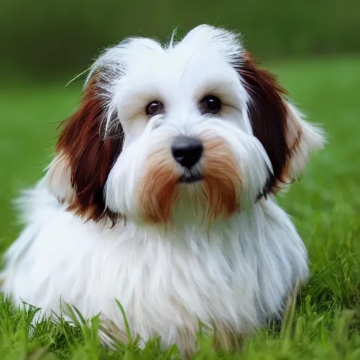 Prompt: a single parti colored white and brown havanese dog sitting happily on a grassy field, detailed, 4 k