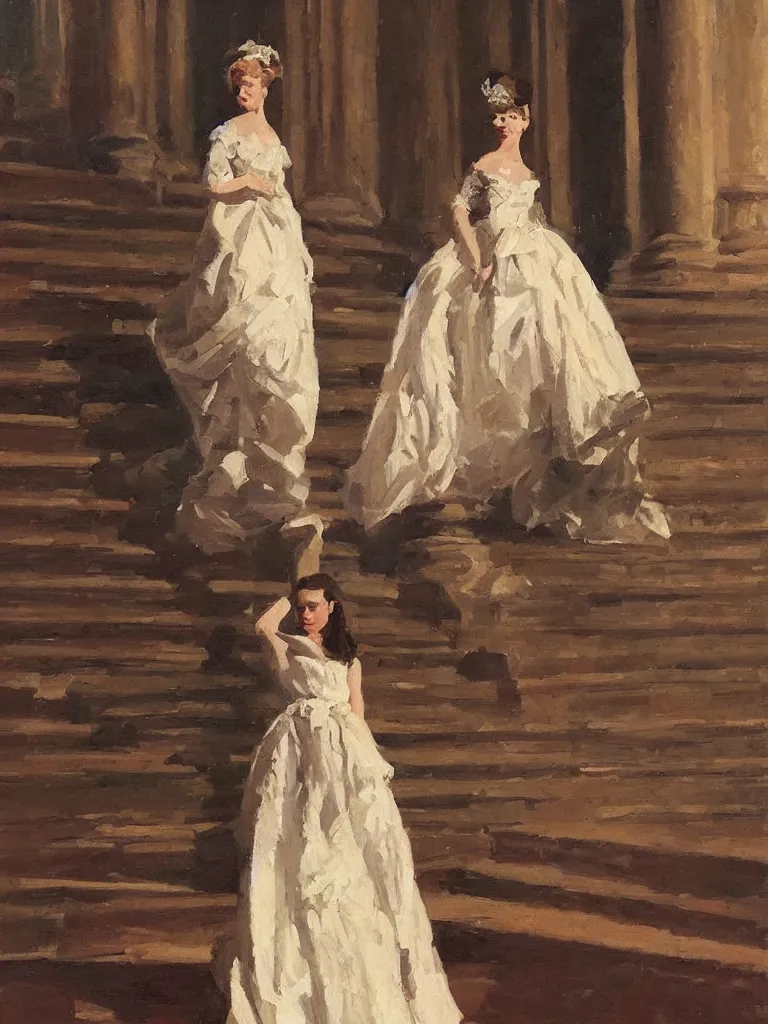 Prompt: gorgeous princess with a fabulous dress, by Ben aronson, oil on canvas, evening, standing on palace stairs, 1900