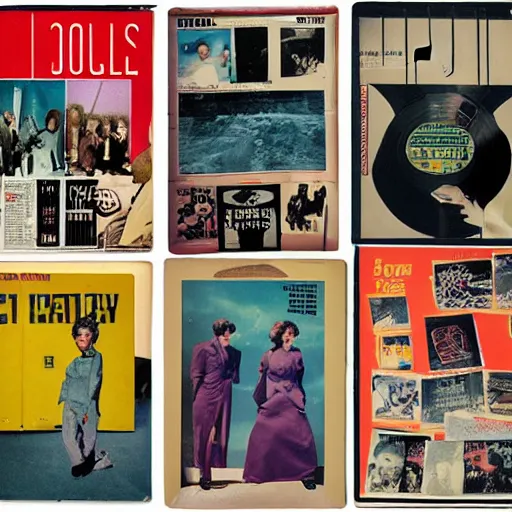 Prompt: color vinyl LP for the 25th anniversary album from 'de portables', a photo collage of pictures from 1960 music magazines