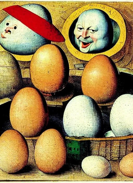 Image similar to carton of eggs with round humpty dumpty silly facial expressions, realistic, by hieronymus bosch and pieter brueghel
