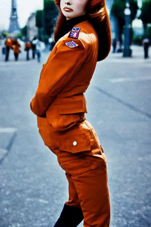 Prompt: ektachrome, 3 5 mm, highly detailed : beautiful portrait photo in style of 1 9 7 0 s frontiers in flight suit cosplay paris seinen manga street photography vogue fashion edition, tilt shift sun background, focus on tan model, cute style ; open lips ; tendu pose