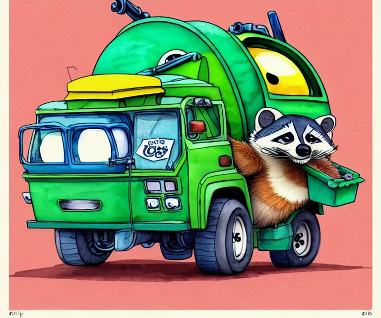 Image similar to cute and funny, racoon wearing goggles driving a tiny garbage truck, ratfink style by ed roth, centered award winning watercolor pen illustration, isometric illustration by chihiro iwasaki, edited by craola, tiny details by artgerm and watercolor girl, symmetrically isometrically centered