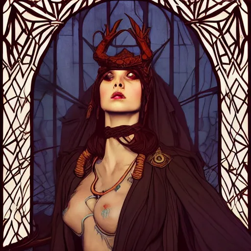 Prompt: a female warlock posing for photo , dynamic pose, natural lighting, medium level shot , epic scene, Mucha style , Grim fantasy, illustration ,concept art,