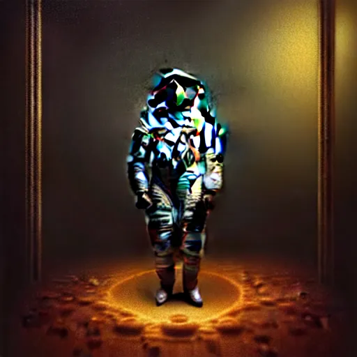 Image similar to full-body dark creepy baroque style oil painting realism a decapitated astronaut with futuristic elements. he welcomes you under with no head, empty helmet inside is occult mystical symbolism headless full-length view. standing on ancient altar eldritch energies lighting forming around disturbing frightening intricate renaissance, digital illustration hyper realism, 8k, depth of field, 3D