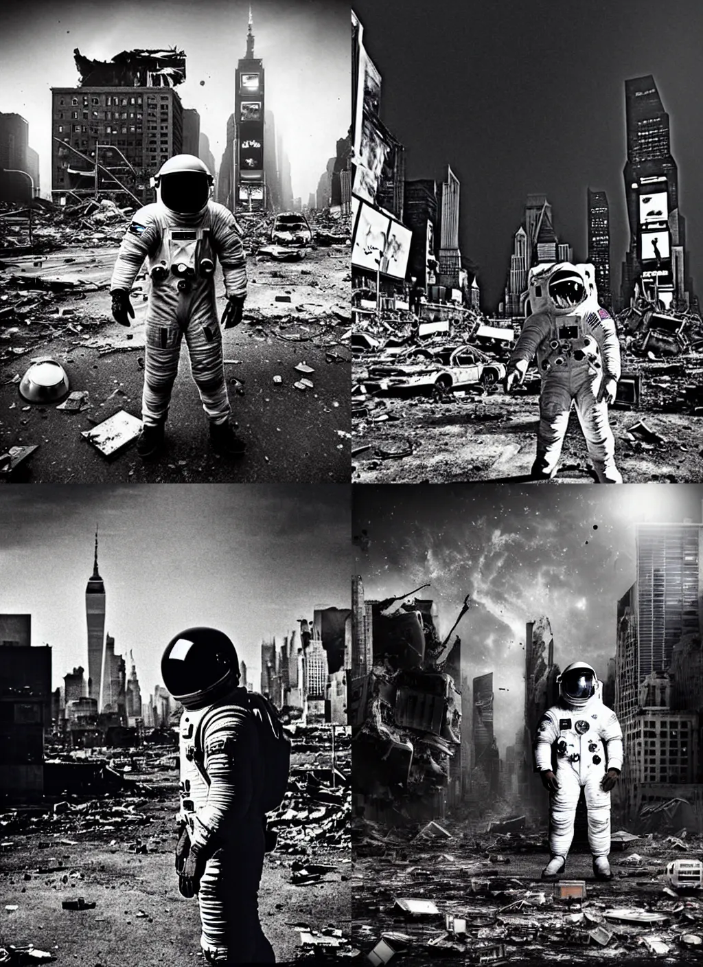 Prompt: grayscale!!! american white spacesuit astronaut with oversized helmet in postapocalyptic abandoned destroyed times square, wrecked buildings, destroyed flipped wrecked cars, giant crater in distance, heavy vignette!, specks, dirty, stains, dramatic dark, grayscale 1 9 0 0 s picture