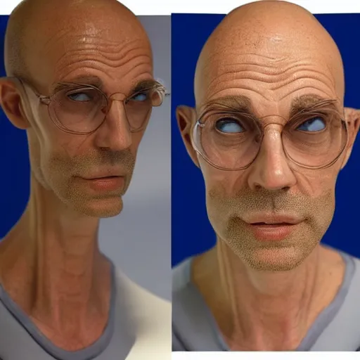 Image similar to A middle-aged Dr. Venture in real life with a hooked nose, a long gaunt face and skinny body and neck, very thin and bald, realistic, very realistic, hyperrealistic, highly detailed, very detailed, extremely detailed, detailed, digital art, oil painting, trending on artstation, headshot and bodyshot, detailed face, very detailed face, extremely detailed face, HD Quality, 8k resolution, very very detailed face, real life