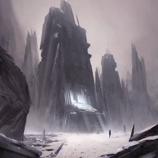 Image similar to star wars concept art by greg rutkowski, a brutalist - looking and imposing temple in the middle of a snowy, dark and hostile landscape, strong blizzards, poor lighting, evil atmosphere, artstation hq.