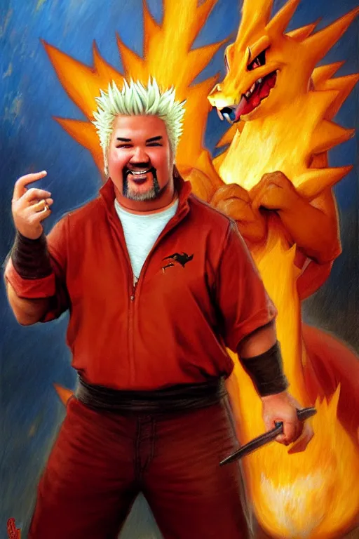 Image similar to guy fieri with a charizard painting by gaston bussiere, craig mullins