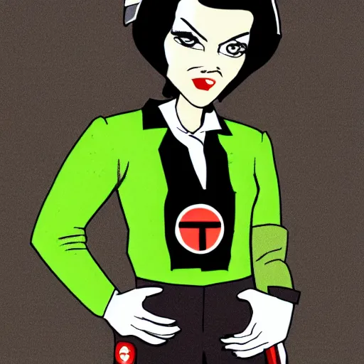 Prompt: brunette woman, short hair, flipped out hair, bright green eyes, black fascist uniform, smirk, cartoon style