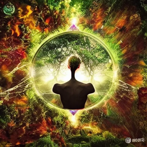 Image similar to This the unity and being one with nature. Nature and the land is one thing. Even if you live in different physical states of consciousness, there’s a unity to being in the physicality. It’s as if a matrix of energy runs through all things.