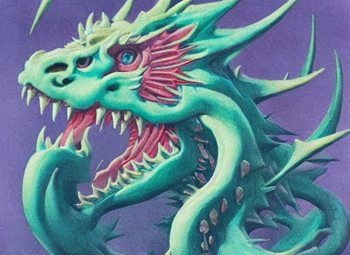 Image similar to pleasing - palette roaring symmetrical dragon head, close - up, pleasing palette, spiky teeth, highly detailed, made out of idyllic nebulous clouds sophisticated detailed pastel dragon from scenery fantasia ( 1 9 4 1 )