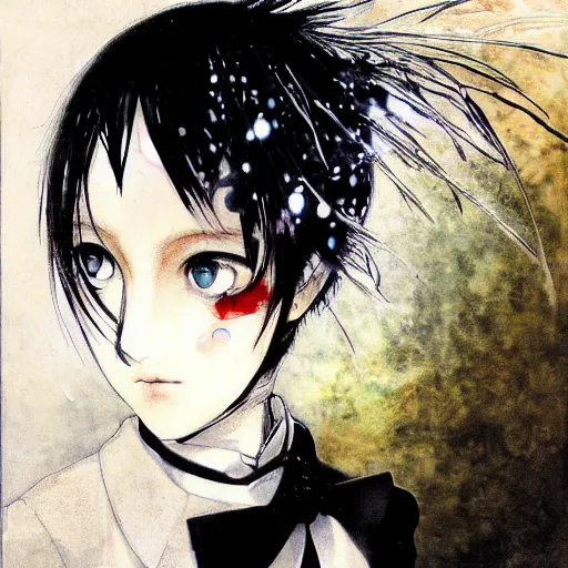 Image similar to Yoshitaka Amano realistic illustration of an anime girl with short white hair and black eyes wearing tuxedo, abstract black and white patterns on the background, noisy film grain effect, highly detailed, Renaissance oil painting, serial experiments lain color palette