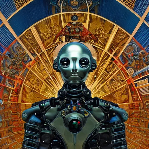 Prompt: portrait of military robot made with plasteel by Jeff Easley and Peter Elson + beautiful eyes, beautiful face + symmetry face + border and embellishments inspiried by alphonse mucha, fractals in the background, galaxy + baroque, gothic, surreal + highly detailed, intricate complexity, epic composition, magical atmosphere + masterpiece, award winning + trending on artstation