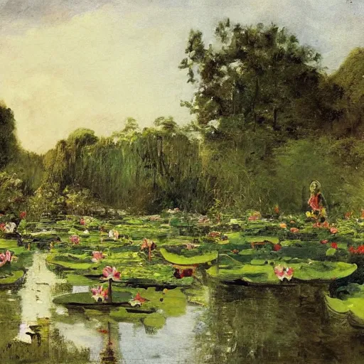 Prompt: lotus pond, Adolph Menzel, trending on artstaion