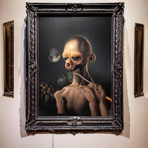 Image similar to refined gorgeous blended oil painting with black background by christian rex van minnen rachel ruysch dali todd schorr of a chiaroscuro portrait of an extremely bizarre disturbing mutated man with shiny skin acne intense chiaroscuro cast shadows obscuring features dramatic lighting perfect composition masterpiece
