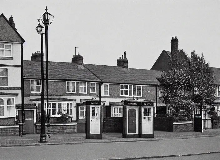 Prompt: photo of a metropolitan police box in front of houses in suburban london, police box, 1936, sepia