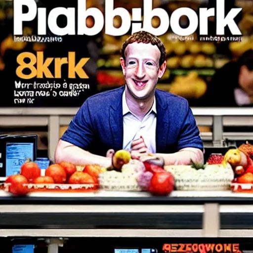 Prompt: mark zuckerberg at a table, jeff bezos'laying on the table about to be eaten by mark, fake magazine cover seen on rack in grocery store check out aisle, 8 k hdr