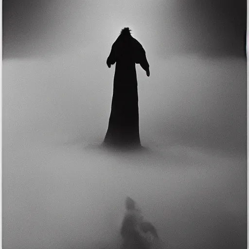 Image similar to bad quality vintage snap photography of realistic walking faceless beast-god with many long arms, a huge body covered with deep furs by Zdzisław Beksiński, odd eye, dark fantasy, fat, noiz, unbalanced , blur, haze, fog, vignetting, platinum printing