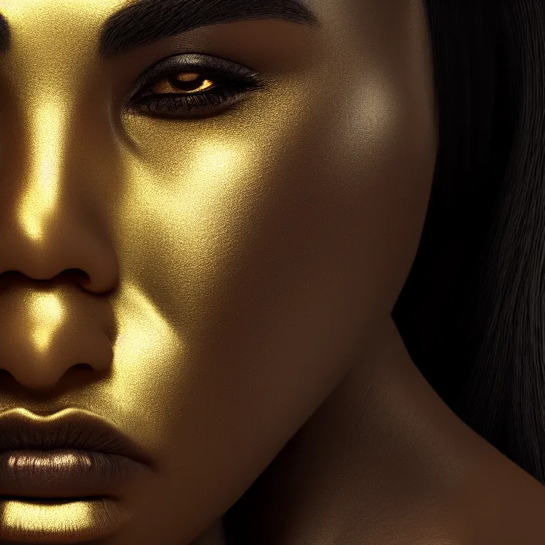 Prompt: a wonderful woman with half face black and half gold, detailed realistic, cinematic, octane rendered