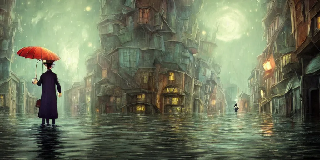 Prompt: a realistic and atmospheric cell - shaded concept art from howl's moving castle ( 2 0 0 4 ) of a multi - colored ufo. a man with an umbrella is standing in a boat in a flooded alleyway. it is a misty starry night. very dull colors, hd, 4 k, hq