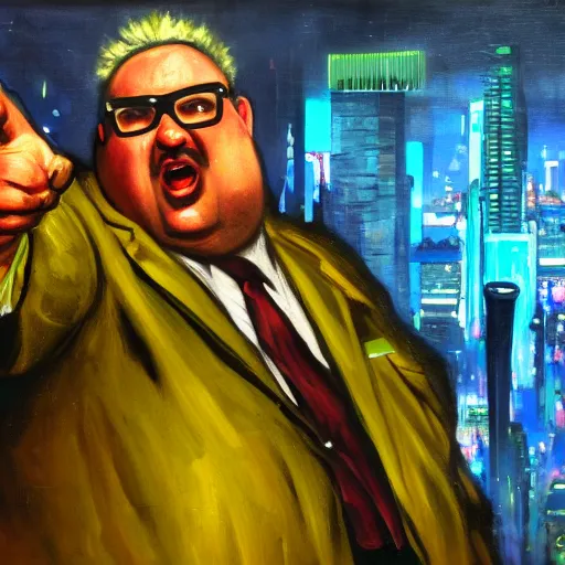 Image similar to fat cyberpunk soviet preacher mid-speech, pointing one finger at the viewer, detailed face and hands, oil on canvas, trending on artstation