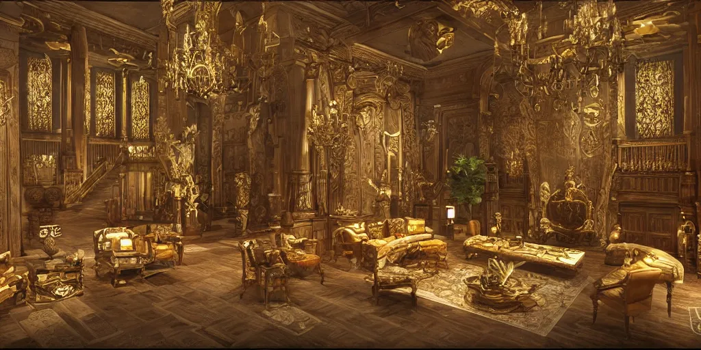 Image similar to monster society priest living area, lavish and over decorated with christian symbols, little bit of gold, realisitic fantasy render