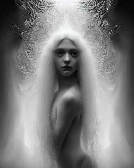 Image similar to monochrome, dreamy, subsurface scattering, white, young beautiful goddess in cosmos with very long white hair floating in air, fluid smoke art, black and white, octane render, dino valls, mark ryden, joe fenton, michal karcz, highly detailed, rim light, art, cinematic lighting, very coherent, hyper realism, 8 k