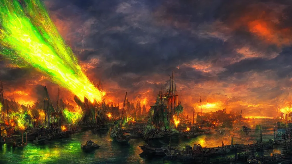 Prompt: medieval harbor massive explosion of bright green flames, night, Game of Thrones, volumetric lighting, fantasy artwork, very beautiful scenery, very realistic painting effect, hd, hdr, cinematic 4k wallpaper, 8k, ultra detailed, high resolution, artstation