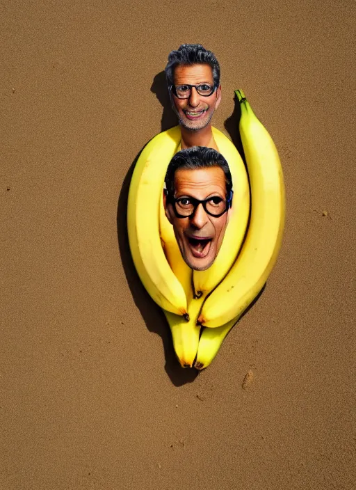 Image similar to jeff goldblum as a banana on the sand of a beach