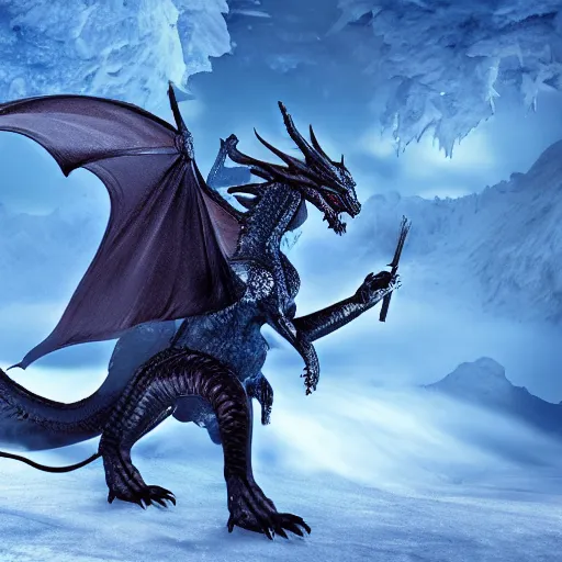 Image similar to mysterious figure with ski goggles riding a dragon made of ice, digital art, 4 k ultra hd, hyper realistic