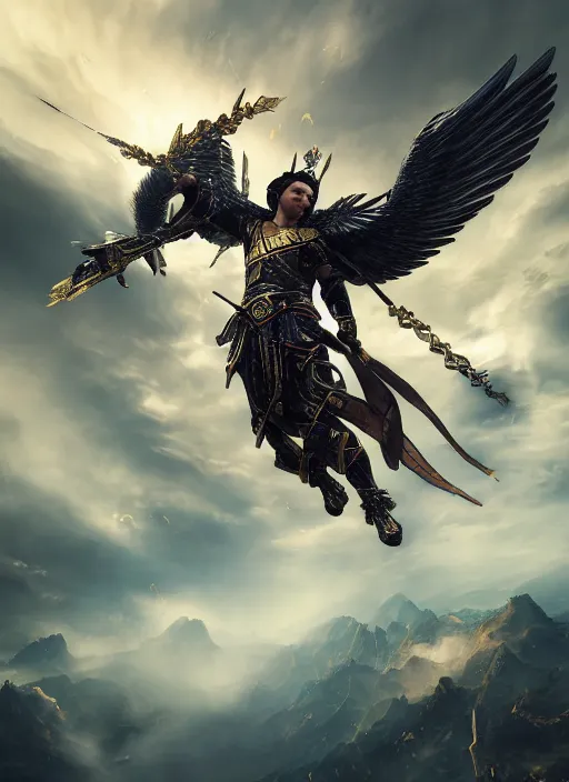 Image similar to archangel micheal flying in sky by huang guangjian, taekwon kim rostbite 3 engine, cryengine, dof, trending on artstation, digital art, chanel, dior, fantasy and detailed and intricate background